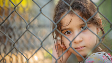 A young refugee girl looking through a fence, longing expression, blurred background 