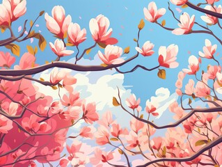 Obraz premium Magnolia trees flat design top view early spring theme animation vivid colors