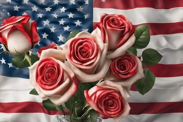 A bouquet of red and white roses is placed on top of an American flag