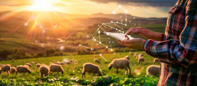 modern farm with technology concept background. young farmer use tablet in the sheeps farm