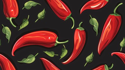 A seamless design featuring a flat, ripe chili pepper on a dark backdrop, ideal for culinary and cooking concepts.