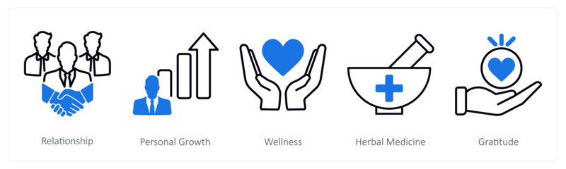 A set of 5 Wellness icons as relationship, personal growth, wellness