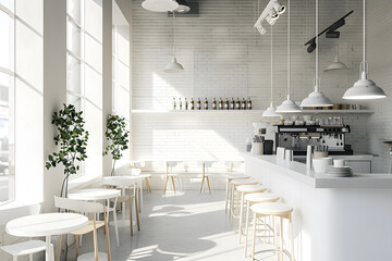 Modern sunlit café interior with minimalist decor