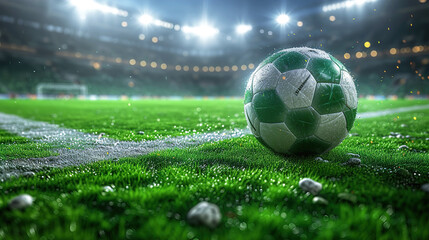 Soccer Field Thrills Dive into the textured green soccer game field in a stadium at the center and midfield 