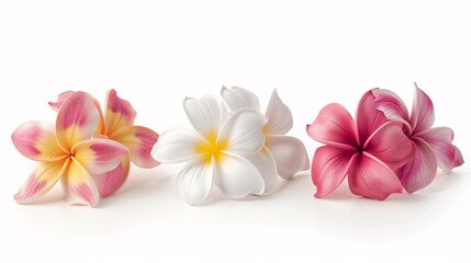 Obraz premium A variety of Frangipani and plumeria flowers in different colors grouped together on a white background.