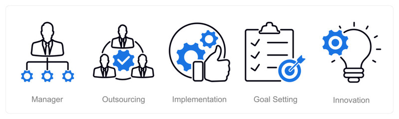 A set of 5 Project Management icons as manager, outsourcing, implementation