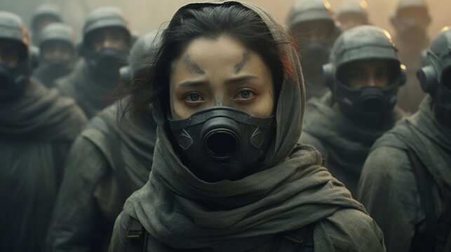 Peer into a dystopian future where rebels with defiant faces fight against a totalitarian regime