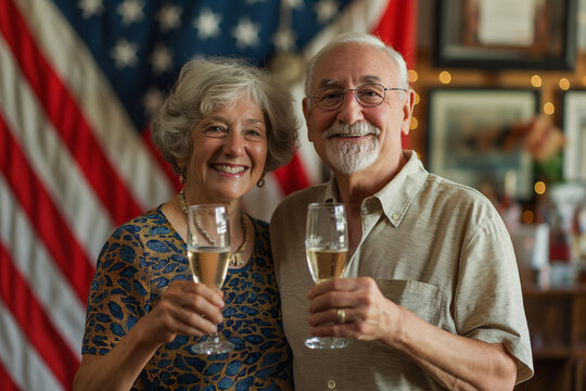 Elderly couple toasting with champagne, American flags in background, festive 4th of July celebration
