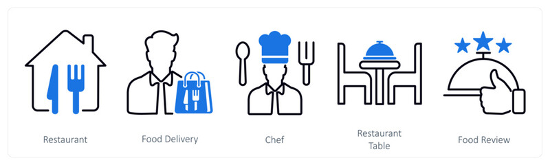 A set of 5 Restaurant icons as restaurant, food delivery, chef