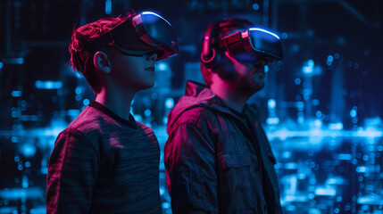 Father and son with VR headsets in a futuristic setting, cyber theme, black to blue gradient background