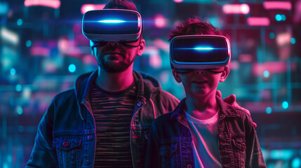 Father and son with VR headsets in a futuristic setting, cyber theme, black to blue gradient background