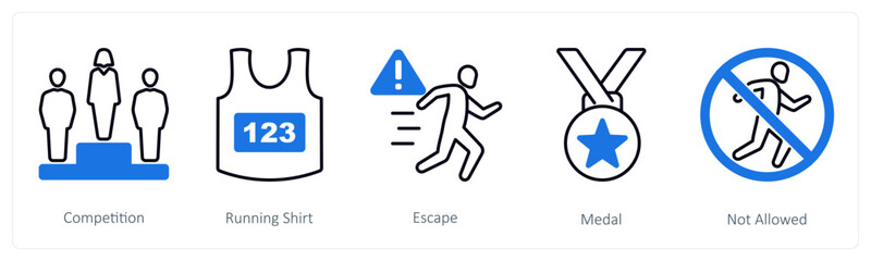 A set of 5 Running icons as competition, running shirt, escape