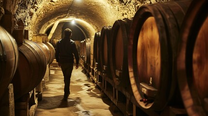 Obraz premium A youthful traveler strolls through an ancient cellar in France filled with traditional wooden casks of wine.