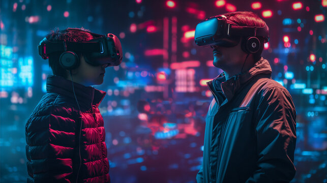Father and son with VR headsets in a futuristic setting, cyber theme, black to blue gradient background 