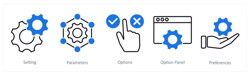 A set of 5 Settings icons as setting, parameters, options