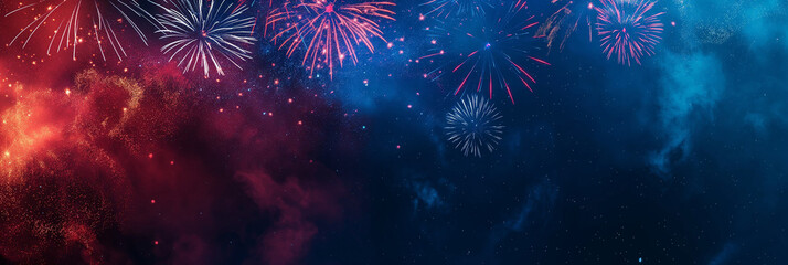 Fototapeta premium Fireworks bursting in a night sky, colors of red, blue, and white, with a wide empty space at the bottom for text 