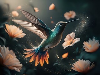 Obraz premium A Luminous Hummingbird Dancing Among Flowers 
