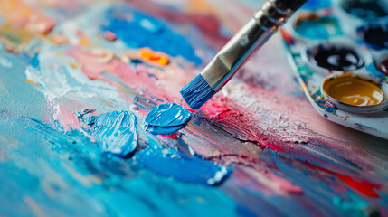 Obraz premium High-angle shot of a watercolor palette and brush on canvas with pastel abstract lines being painted 