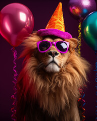Anthropomorphic lion wearing party hat and hat,  with balloons in the background against a purple studio backdrop. Minimal birthday idea