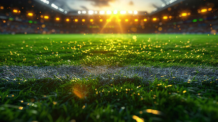 Soccer Field Thrills Dive into the textured green soccer game field in a stadium at the center and midfield 