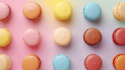 Obraz premium Overhead view of a colorful assortment of macarons on a pastel gradient background 
