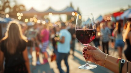 The girl's hand holds a glass of red wine against the background of festivities. A fair, a holiday, an event in the city.
