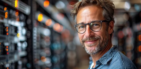 Smiling mature male IT professional in a tech environment, showcasing expertise and job satisfaction