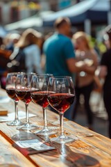 Several glasses of red wine on the cafe's outdoor table for tasting. Summer terrace. Wine tasting. A fair, a holiday in the background. The urban landscape.
