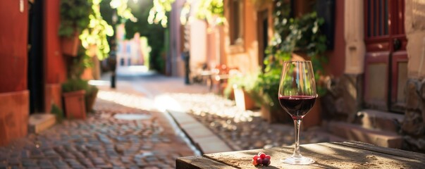 A glass of red wine on the cafe's outdoor table. Summer terrace. Wine tasting. The urban landscape.