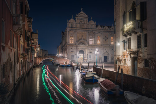 Illuminated Splendor of Venice's Santi Giovanni e Paolo at Night