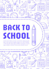 Back to school poster, vector blue modern minimalist design with school supplies line pattern. Education, learning, knowledge concept. a4 format. For banner, cover, web, flyer, business