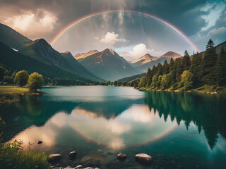 Landscape of a lake surrounded by mountains with rainbow