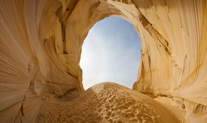 A sand dune and massive alcove carved into a cliff in the Utah d