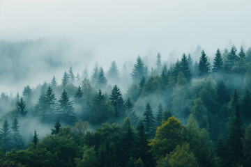 Trees shrouded in mist, contrasting with clear sky above, symbolizing air purification 