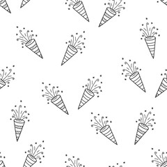 Seamless pattern of festive crackers. Fireworks background. Vector illustration of a doodle sketch party.
