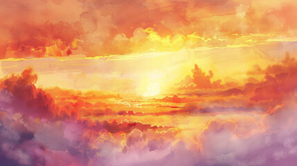 Fototapeta premium watercolor beautiful sunset clouds with sun shining through fog 