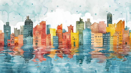 Watercolor illustration of a cityscape with buildings melting into a river 