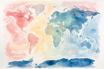 Watercolor map of the world in soft hues, educational and decorative 