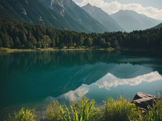 Landscape of a lake surrounded by mountains view