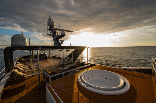 sundeck of luxury motor yacht anchored in Komodo - Indonesia