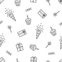 Seamless pattern Set of Birthday. Vector illustration, party concept. Background wallpaper elements decorations, balloon, cake, gifts, fireworks.