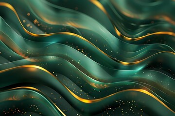 Luxurious 3D Green Wave Lines with Shiny Gold Curved Decorations and Glitter Illumination on Dark Gradient Background Abstract