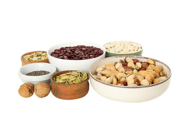 PNG, Set of protein vegan products in bowls, isolated on white background