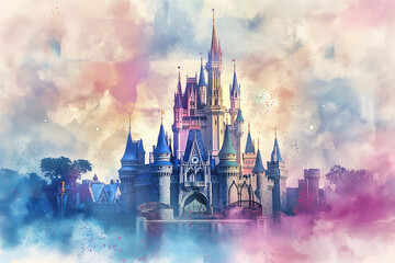 Fototapeta premium Whimsical watercolor fairy tale castle in pastel tones, magical and inspiring 