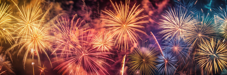 Wide angle view of fireworks in unusual shapes like animals and symbols, vibrant colors  - Powered by Adobe