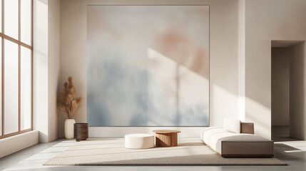 Wide view of a minimalist interior with a large abstract watercolor in pastel tones on the wall 