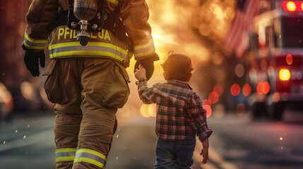 A firefighter walking holding a child hand 