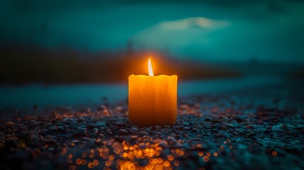 A solitary molded candle, standing tall against the vast expanse of a blue background, its flame casting a gentle glow over the empty space