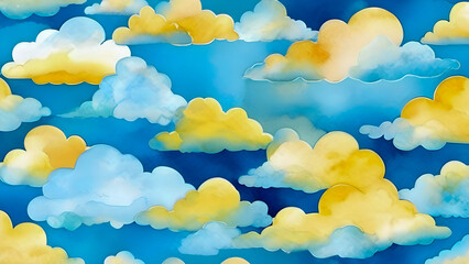 Endless Summer - Cheerful Seamless Pattern of Fluffy Yellow Clouds on a Bright Blue Sky Background