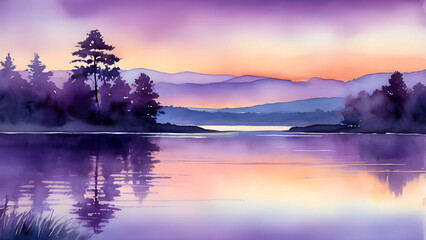 Tranquil Mountain Lake - A Calming Watercolor Painting of a Purple Sunset